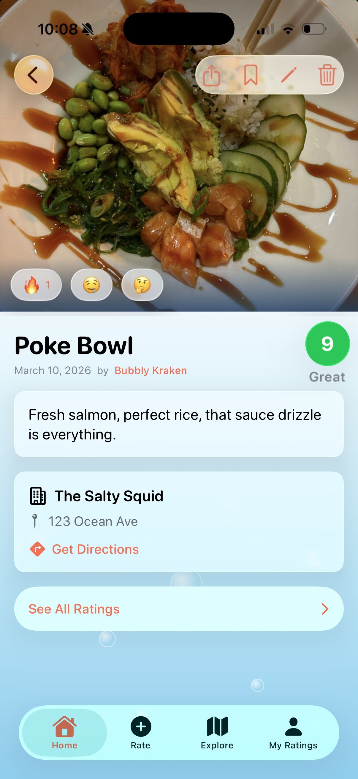 Rating detail view with photo and reactions