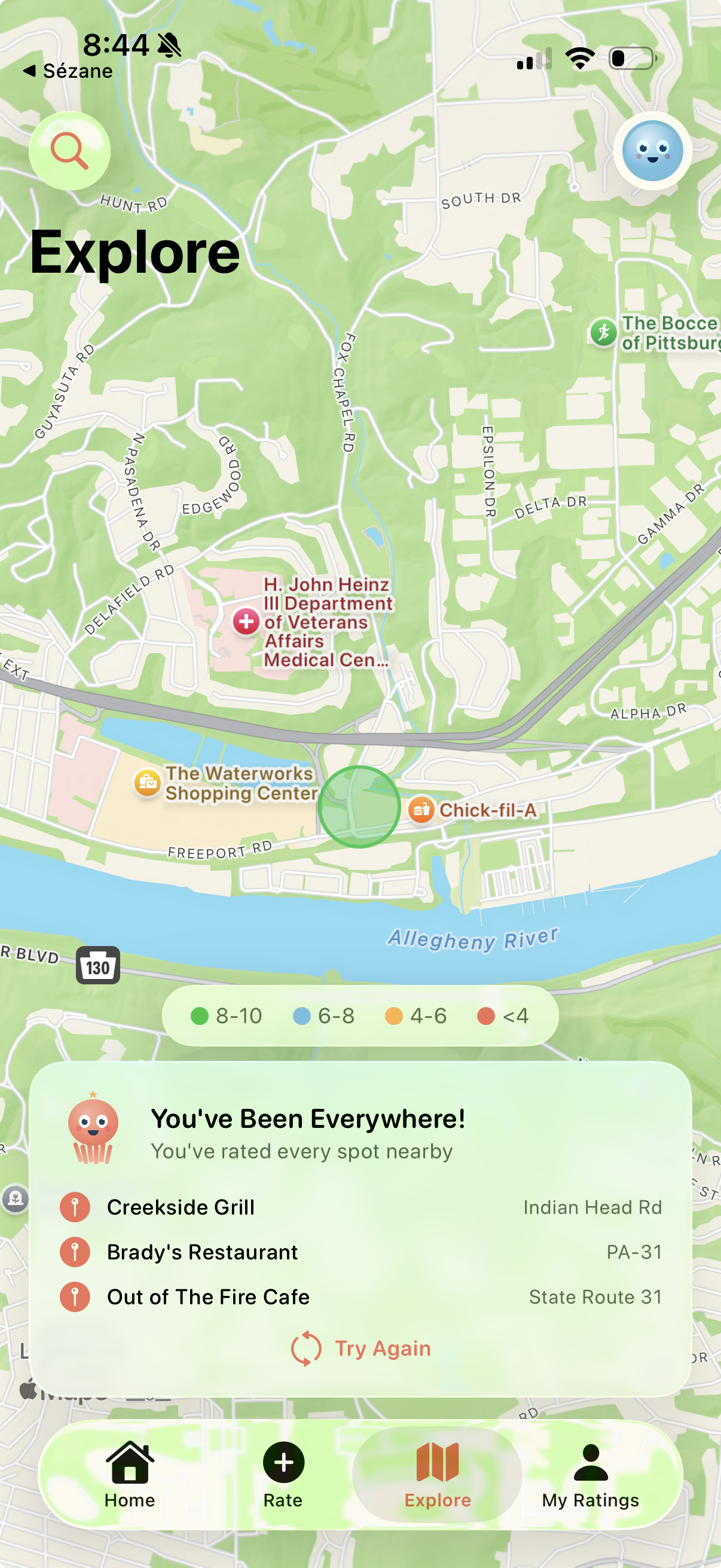 Explore map showing nearby rated restaurants