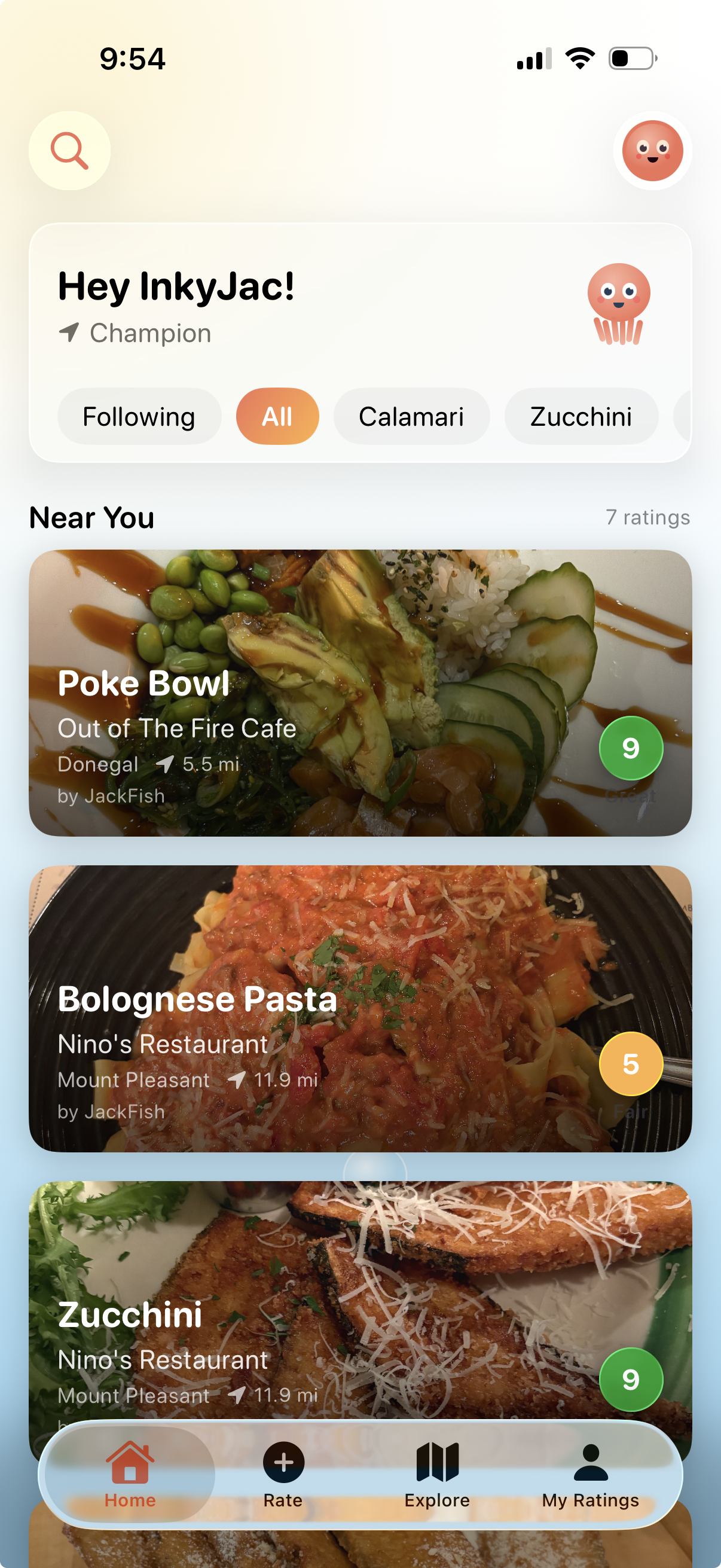 Calamari app home feed showing food ratings with photos, scores, and restaurant details