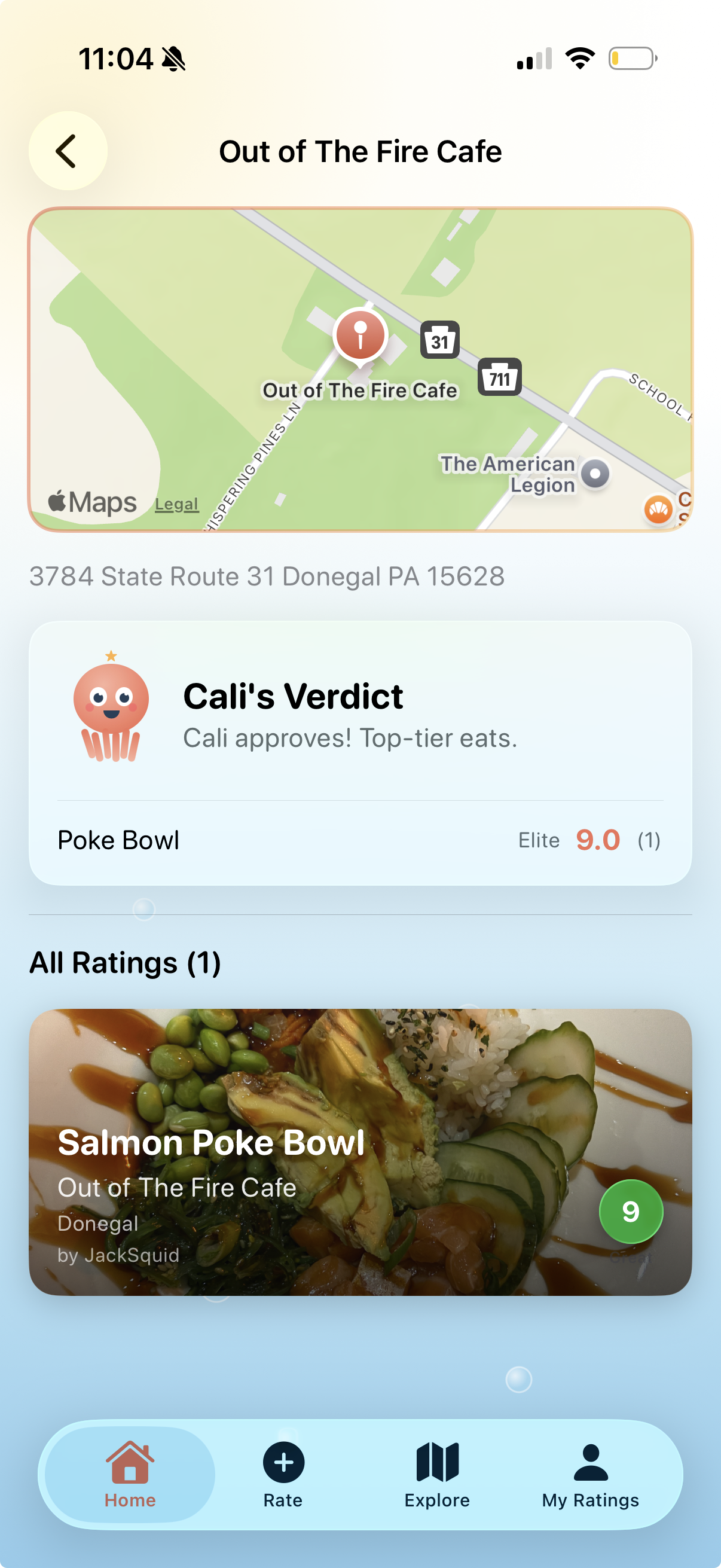 Restaurant detail with map and Cali's Verdict